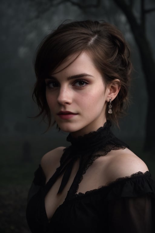 hyperrealistic photo of Emma Watson in a gothic setting. She has a dark and mysterious expression, wearing gothic makeup, with dark lips and eyes lined with a bold black stroke. The image has a gothic style, with dark lighting, and a background of an ancient cemetery, with fog and dark trees.