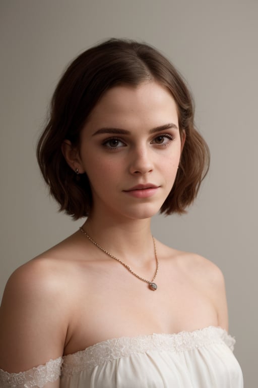 hyperrealistic photo of Emma Watson, close-up from the waist up, showcasing flawless makeup with vibrant red lips, black eyeliner, and long, voluminous eyelashes. She is wearing a simple white silk blouse with exposed shoulders and a delicate necklace. The image is classic and elegant, with soft lighting and a neutral background.