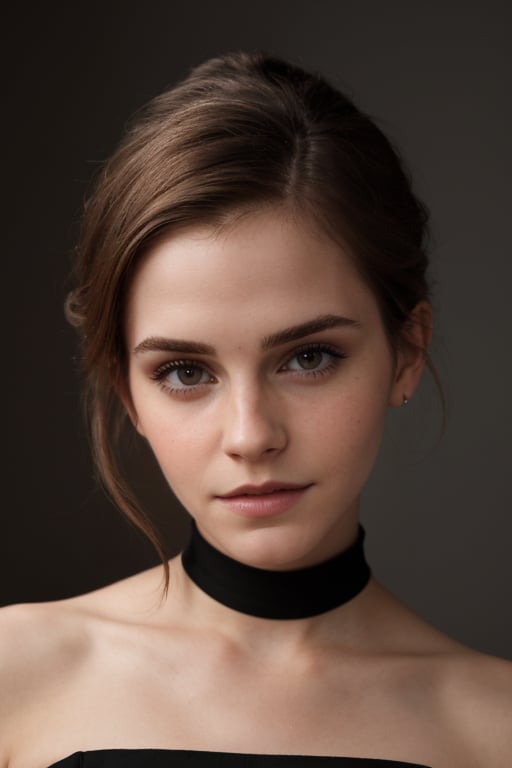 hyperrealistic photo of a classic portrait of Emma Watson, with sophisticated makeup, intense red lips, black eyeliner, and long lashes. She is wearing an elegant black dress with a modest neckline. The image is classic and timeless, with dramatic lighting and a simple, elegant background.