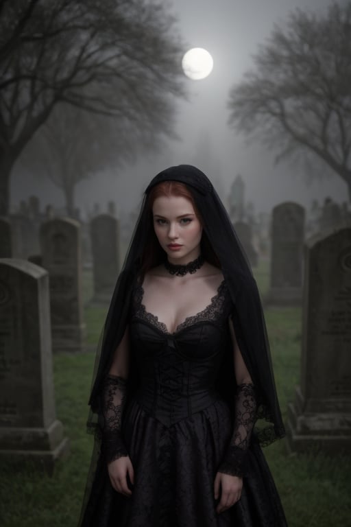 hyperrealistic image of Madelaine Petsch in a gothic setting, wearing a black lace dress with a lace veil covering her face. She is in an old cemetery, surrounded by tombstones and dark trees. The lighting is dim, with a touch of fog and a moon glow. The atmosphere is dark and mysterious, evoking the beauty of the gothic style.