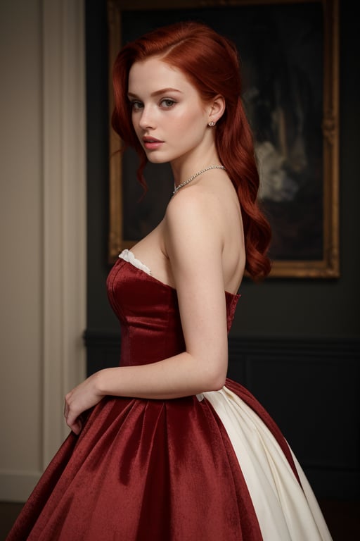 hyperrealistic image of Madelaine Petsch in an art gallery, wearing a red velvet dress with an elegant neckline, with an intrigued and elegant gaze. She is observing an abstract work of art, with an expression that reveals her passion for art. The image is in a sophisticated setting, with a focus on the actress's beauty and the cultural atmosphere of the gallery.