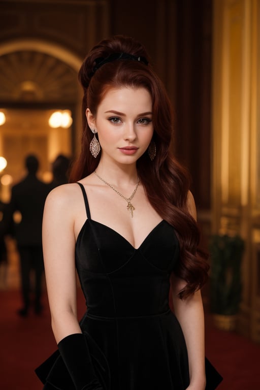 hyperrealistic image of Madelaine Petsch at a nighttime gala, wearing a long black velvet dress with an elegant neckline and lace details. She is wearing a diamond necklace and earrings, which enhance her beauty. Her hair is styled in a high and elegant ponytail, and her eyes are enhanced with black eyeliner and voluminous mascara. The environment is luxurious, with golden lights and a red carpet, and the image evokes the glamorous atmosphere of a gala evening party.