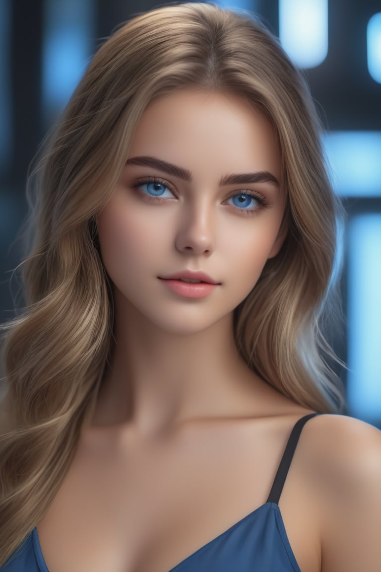 masterpiece, best quality, ultra-detailed, ultra high res, (photorealistic:1.4), raw photo, (realistic:0.2), 8k HDR, realistic lighting, 1girl, solo, looking at viewer, asymmetrical long hair, (detailed oily skin), blue eyes, (detailed face), (cyble background :1.1), (upper body:1.2),LoRA