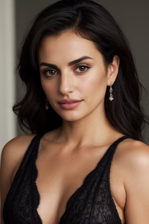 A classic portrait of Penelope Cruz, focusing on her beauty and elegance. She is wearing a black lace dress with an elegant neckline, and her long, dark hair is flowing. The soft and natural lighting enhances her delicate features, and the details of her makeup, such as the vibrant red lipstick and black eyeliner, complete the composition. 