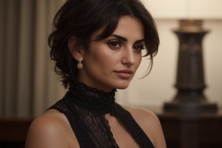 Penelope Cruz in a scene from "Volver", with a simple and elegant look. She is wearing a black cotton dress and her hair is loose and natural. The lighting is soft and warm, creating an intimate and comfortable atmosphere. The image is full of emotion and sensitivity, capturing the delicate beauty of Penelope Cruz. 