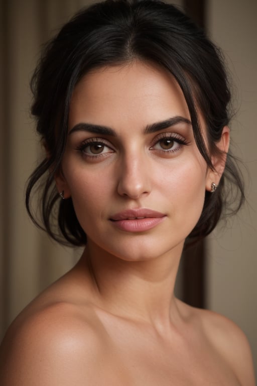 Hyperrealistic close-up portrait of Penelope Cruz with a focus on her face, neck, and shoulders. She is wearing a flawless makeup with black eyeliner, voluminous mascara, and intense red lipstick. Natural, soft lighting enhances her natural beauty, and the shadows create a dramatic and cinematic effect. 