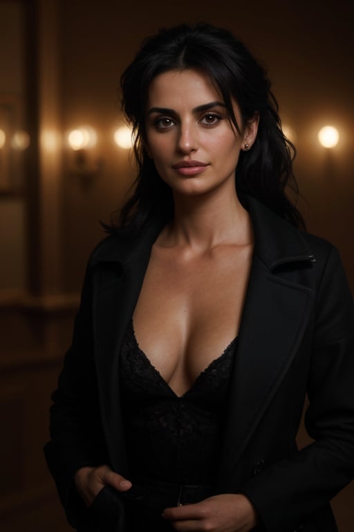 Penelope Cruz in a suspense scene, in a dark and mysterious environment. She is wearing a dark wool coat and her hair is loose, with a touch of dishevelment. The lighting is dim and dramatic, creating shadows and an atmosphere of tension. Her eyes shine intensely, expressing a mystery and a provocative uncertainty. 