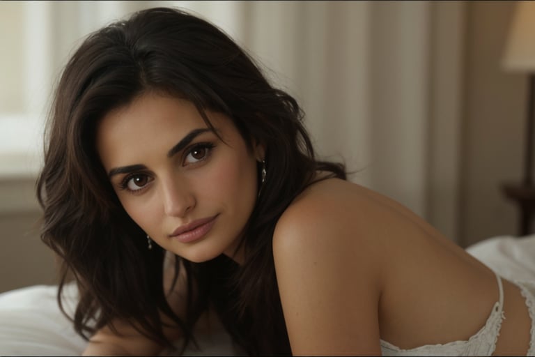 Penelope Cruz in a scene from "Volver", with a simple and elegant look. She is wearing a black cotton dress and her hair is loose and natural. The lighting is soft and warm, creating an intimate and comfortable atmosphere. The image is full of emotion and sensitivity, capturing the delicate beauty of Penelope Cruz. 