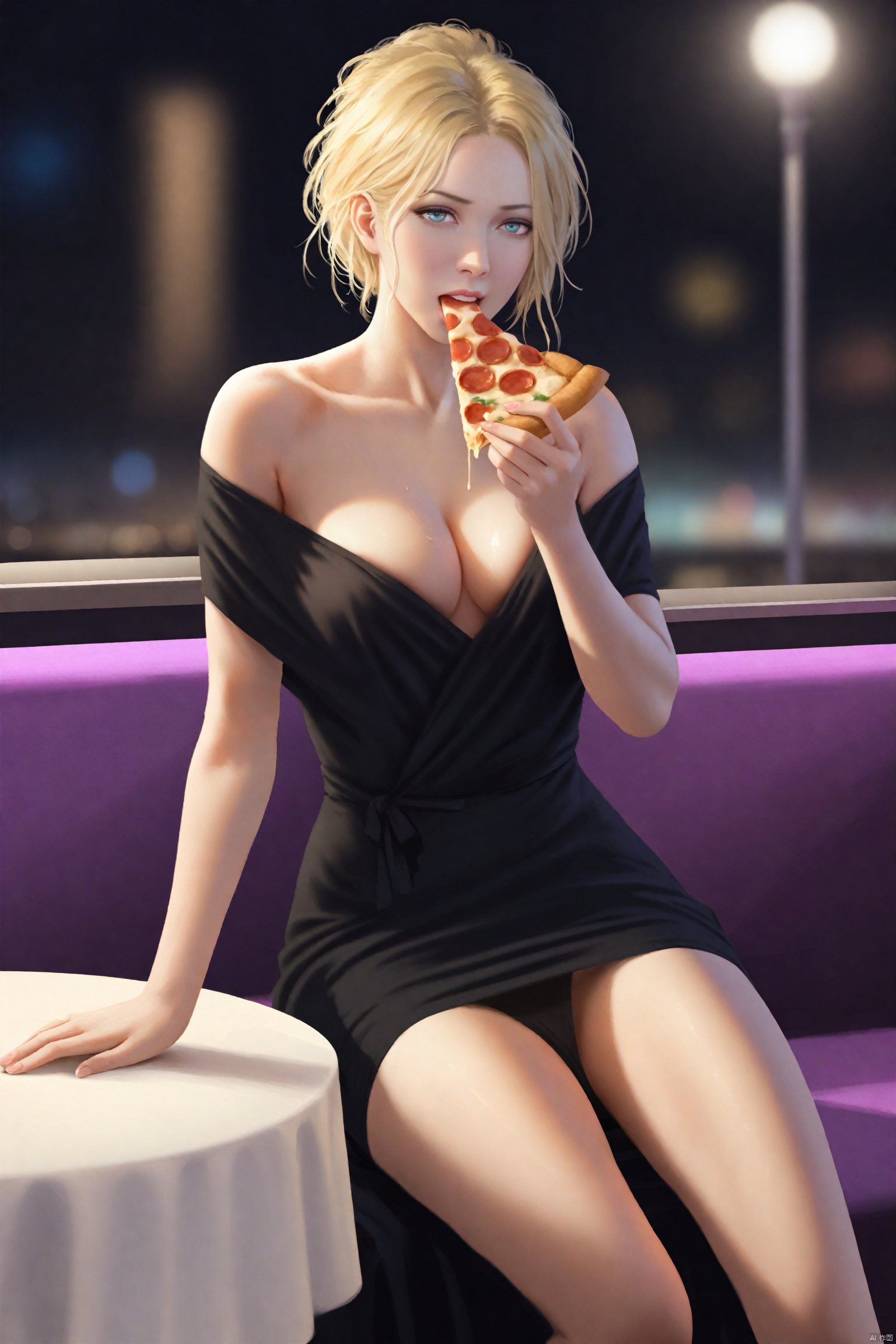  masterpiece,best quality,high quality,(colorful),Colored lead Style, 1girl, food, solo, pizza, blue eyes, breasts, eating, cleavage, dress, looking at viewer, off shoulder, table, brown hair, blurry, bare shoulders, sitting, holding, holding food, blonde hair, holding pizza, short hair, realistic, black dress, medium breasts, blurry background