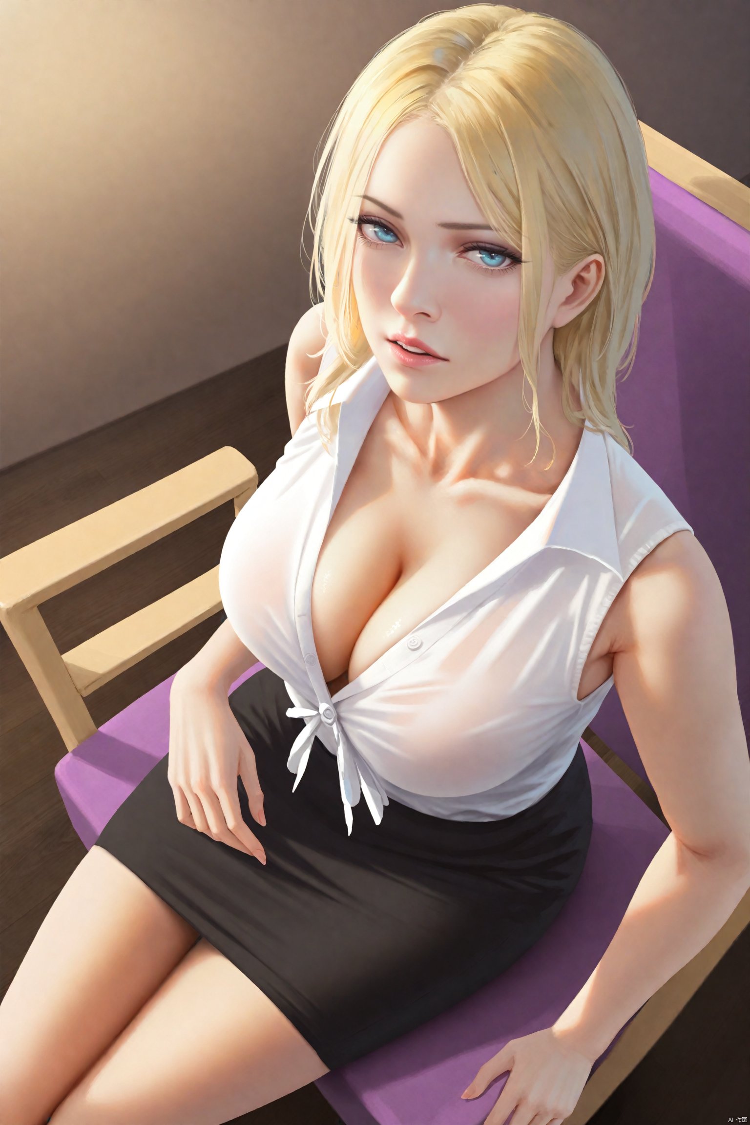 masterpiece,best quality,high quality,(colorful),Colored lead Style, 1girl, breasts, blonde hair, cleavage, looking at viewer, sitting, skirt, large breasts, parted lips, blue eyes, from above, solo focus, sleeveless, shirt, collarbone, chair, black skirt, lips, white shirt