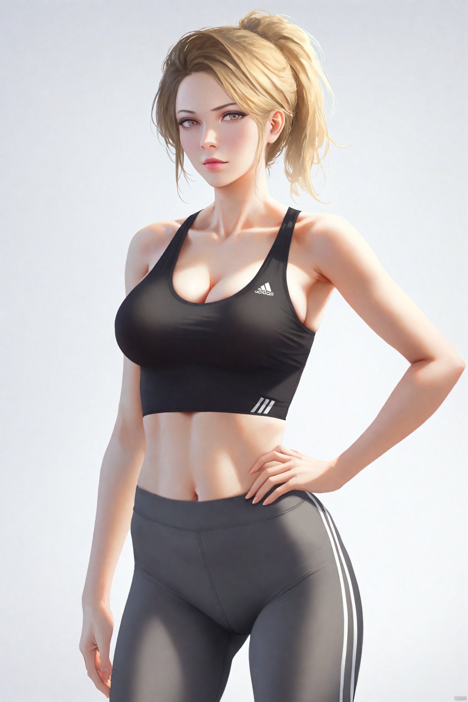 masterpiece,best quality,high quality,(colorful),Colored lead Style, 1girl, solo, breasts, hand on own hip, navel, pants, midriff, white background, ponytail, crop top, cleavage, looking at viewer, grey pants, blonde hair, medium breasts, simple background, collarbone, tank top, brown hair, brown eyes, standing, sports bra, lips, cowboy shot, yoga pants, black sports bra