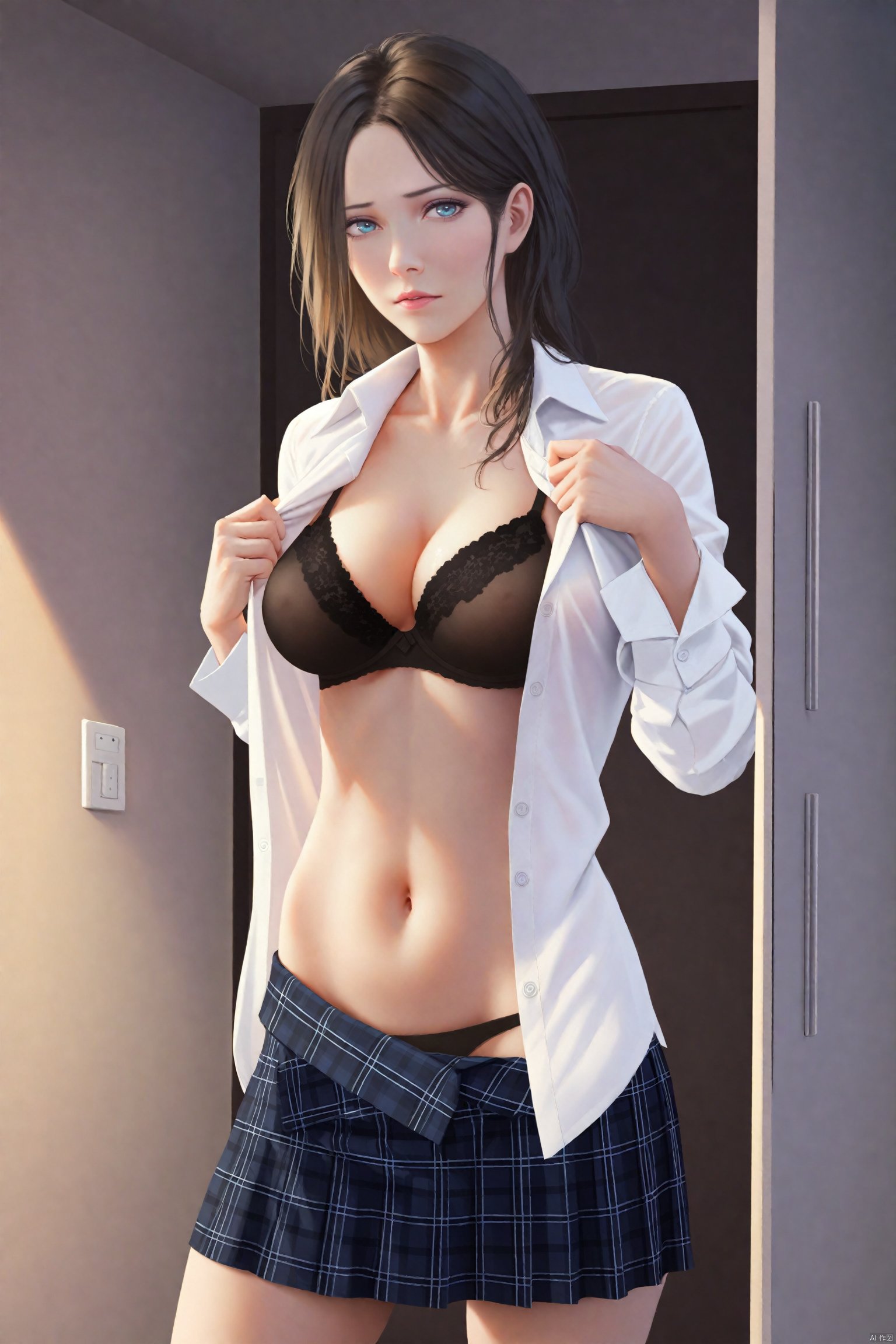 masterpiece,best quality,high quality,(colorful),Colored lead Style, 1girl, solo, underwear, panties, skirt, bra, shirt, navel, open clothes, open shirt, breasts, long hair, blue eyes, white shirt, looking at viewer, plaid, indoors, undressing, brown hair, plaid skirt, medium breasts, cleavage, school uniform, standing, lips, black hair, bag