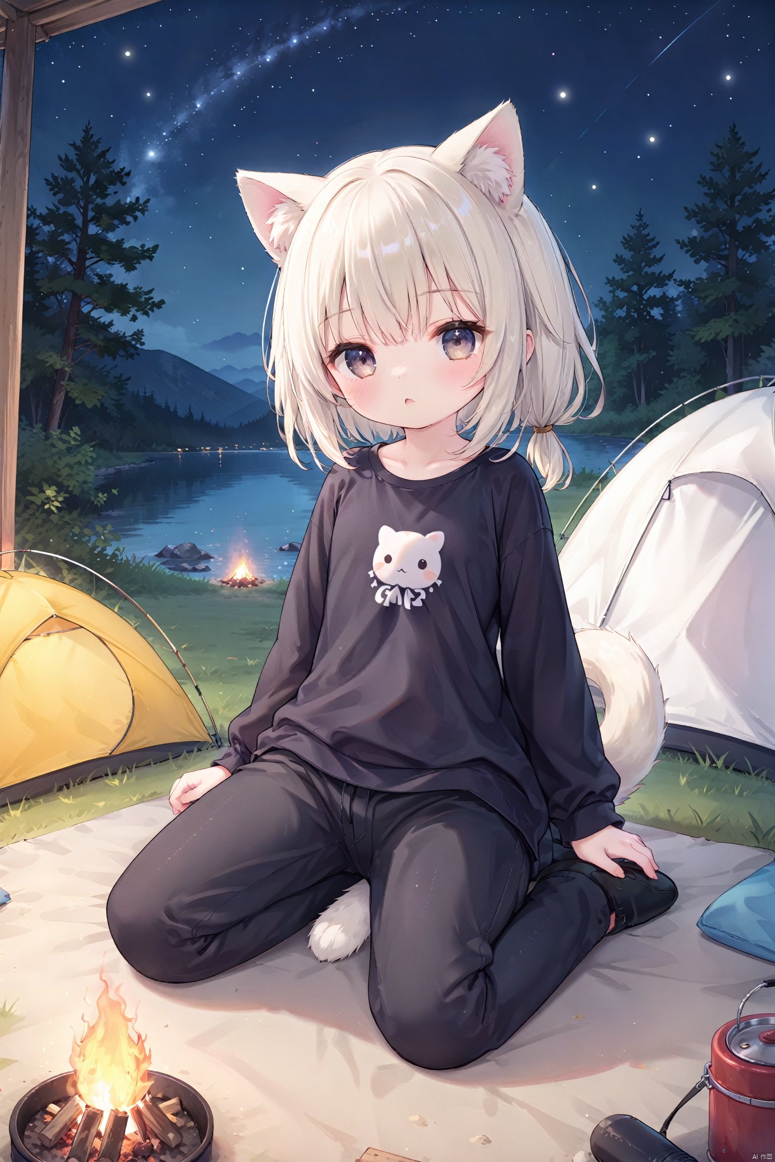  masterpiece,best quality,high quality,(colorful),loli,1girl, solo, petite,loli,small breast,little_head,(small head:1.2), animal ears,animal tail,cuteloliface,At night, under the starry sky, tents, camping, long sleeved tops, pants, campfire, sitting,