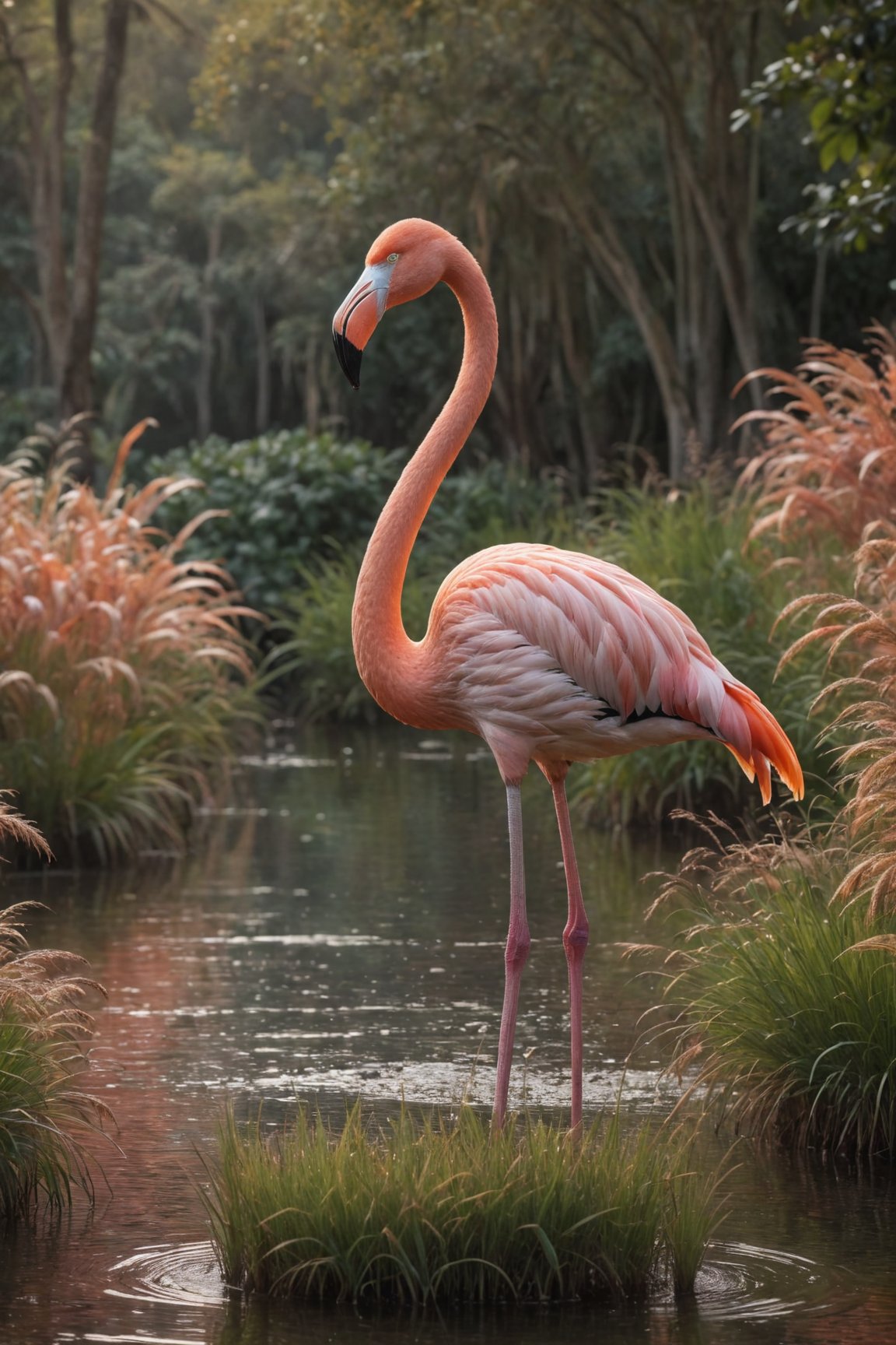 (best quality,8K,highres,masterpiece), ultra-detailed, (flamingo), a majestic flamingo standing gracefully amidst a tranquil wetland habitat. The flamingo's elegant posture and vibrant plumage are rendered with meticulous detail, capturing the beauty and grace of this iconic bird. The wetland backdrop is lush and serene, with tall grasses and gentle ripples in the water adding to the natural ambiance of the scene. The composition invites viewers to admire the flamingo's elegance and the tranquility of its surroundings.
