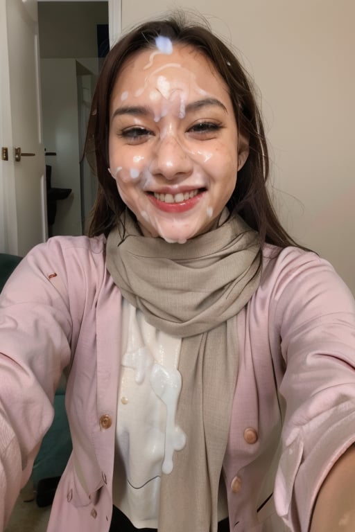 1girl,happy,cum on face,scarf