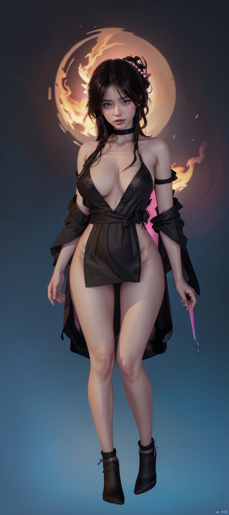 1 girl, flame body, masterpiece, top quality, beautiful and aesthetic:1.2, (1girl:1.3), (full body:1.5),looking at viewer, extreme detailed,cinematic lighting, story, best quality, colorful gradient,SAT1N ninja girl black dress socks,SHEENADG LOINCLOTH SLINGSHOT SWIMSUIT,Cyan Magenta Yellow White