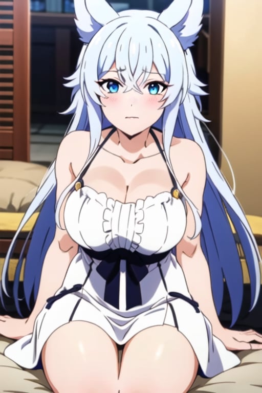 beautiful long-haired demihuman with white/silver hair and blue eyes. She wears a pure bluish white dress that complements her hair, wolf ears