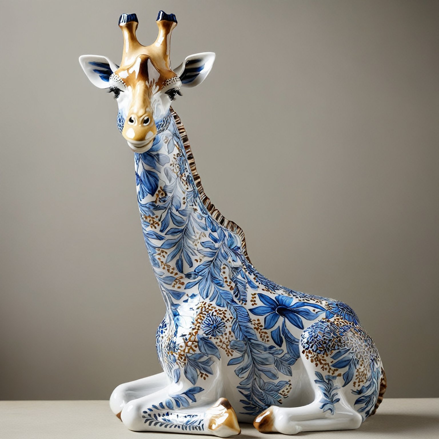 A beautifully crafted ceramic or porcelain figurine of a giraffe. The giraffe is depicted in a seated position with intricate blue patterns adorning its body, resembling floral and leaf motifs. The patterns are detailed and appear to be hand-painted. The giraffe's neck is long and gracefully curved, and it has two small, white, flower-like ornaments on its head. The background of the image is plain and neutral, allowing the giraffe to be the primary focus.