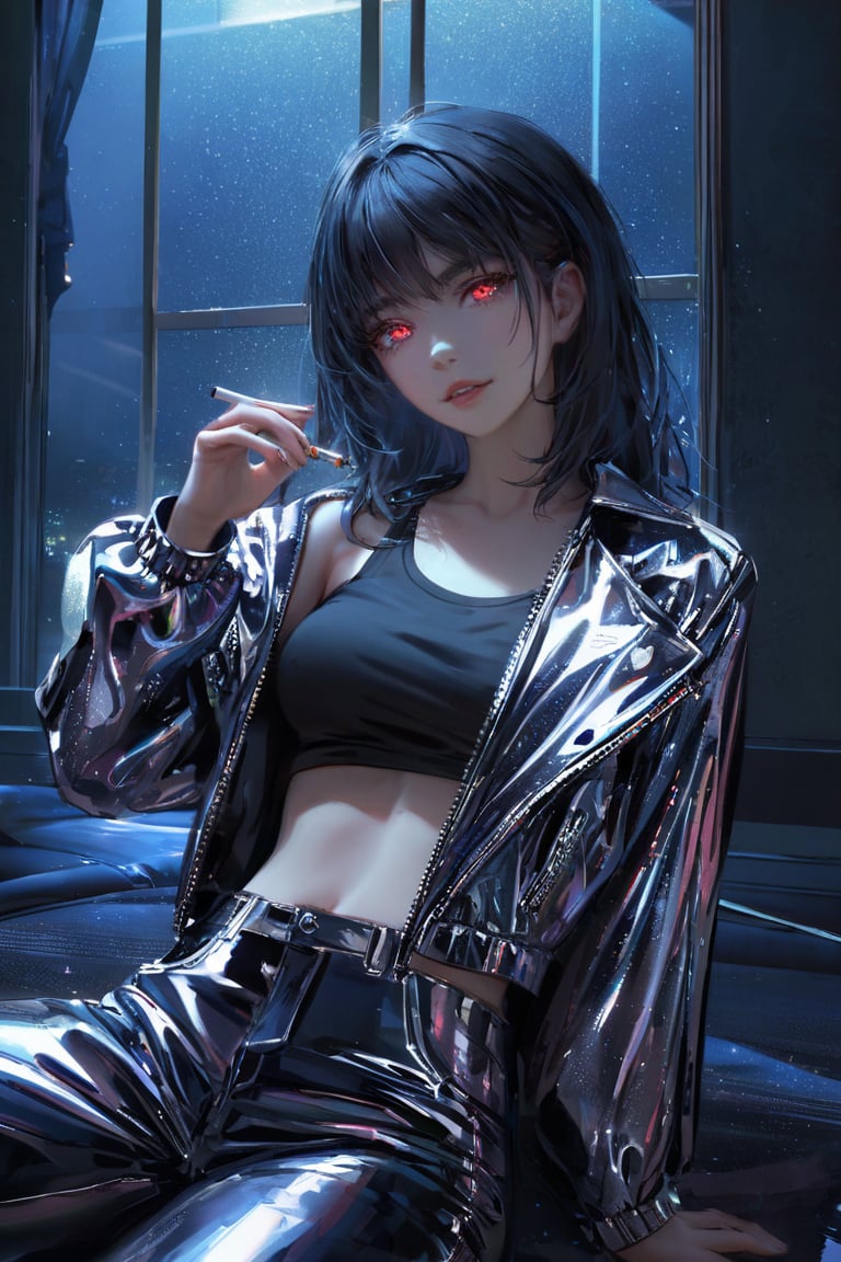 nixeu,1woman,solo,looking at viewer,dark room,indoors,glitter jacket,pants,tshirt,darkness,very dark room,silver jacket,glowing eyes,parted lips,illustration,detailed face,extremely detailed,UHD,award wining,nixeu,holding a 
 cigarette in hand,correct_anatomy