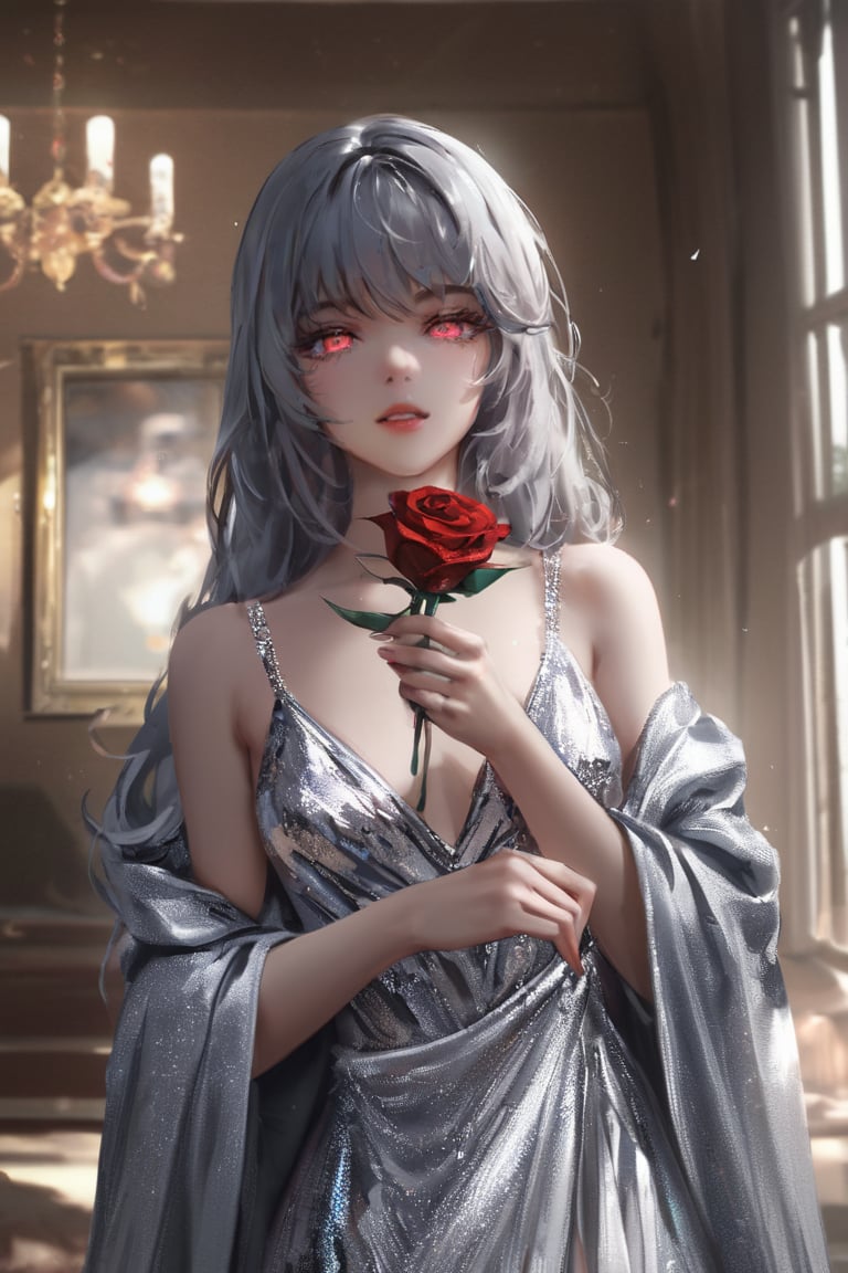 nixeu,1woman,solo,looking at viewer,dark room,indoors,glitter dress,silver dress,glowing eyes,parted lips,illustration,detailed face,extremely detailed,UHD,award wining,nixeu,holding a 
 rose in hand,rose,correct_anatomy