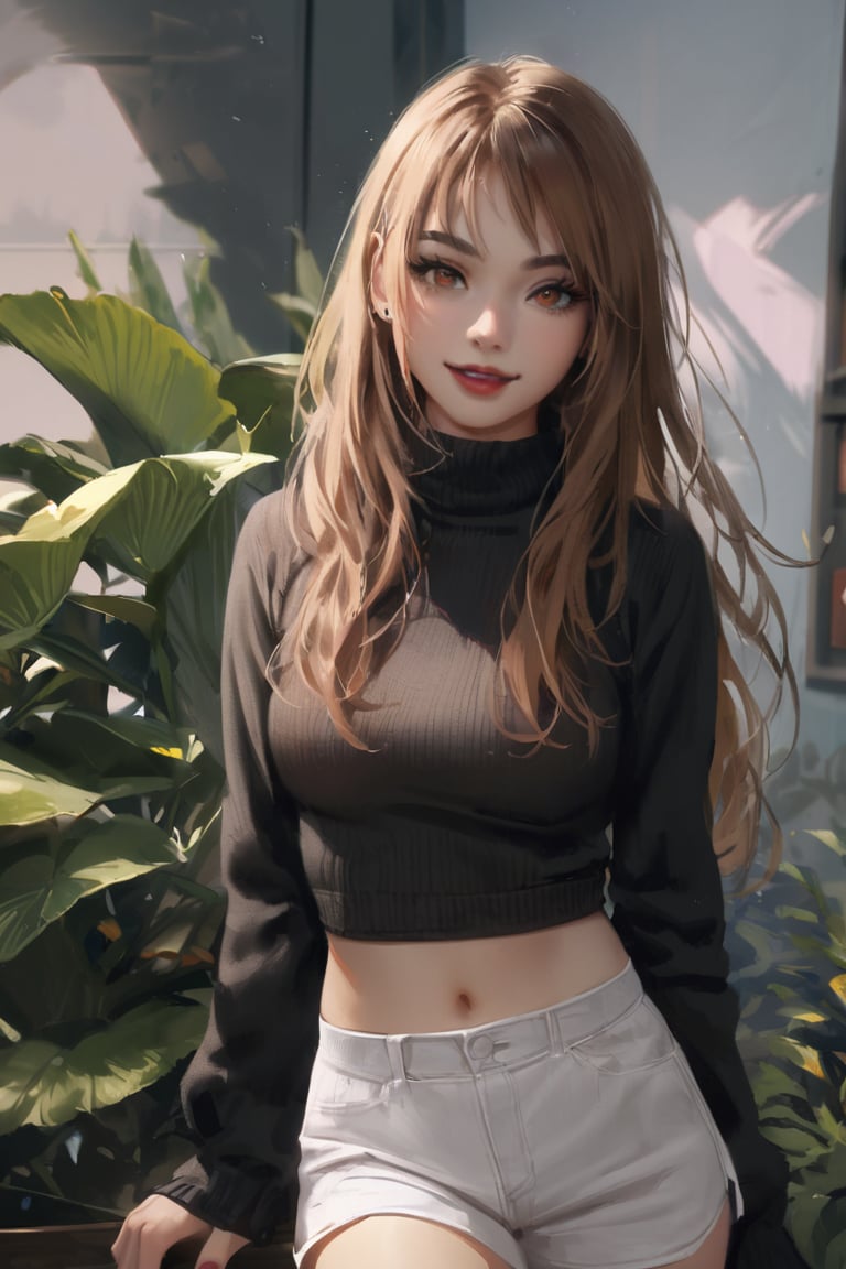 1girl,solo,long hair,looking at viewer,smile,bangs,skirt,brown hair,long sleeves,navel,brown eyes,standing,parted lips,shorts,midriff,nail polish,grin,blurry,sweater,crop top,fingernails,sleeves past wrists,makeup,turtleneck,plant,lipstick,white shorts,realistic,black sweater,cropped sweater,nixeu