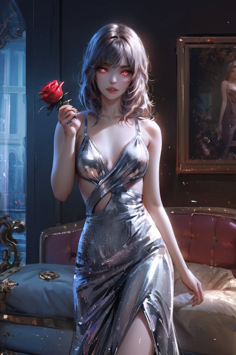 nixeu,1woman,solo,looking at viewer,dark room,indoors,glitter dress,silver dress,glowing eyes,parted lips,illustration,detailed face,extremely detailed,UHD,award wining,nixeu,holding a 
 rose in hand,rose,correct_anatomy