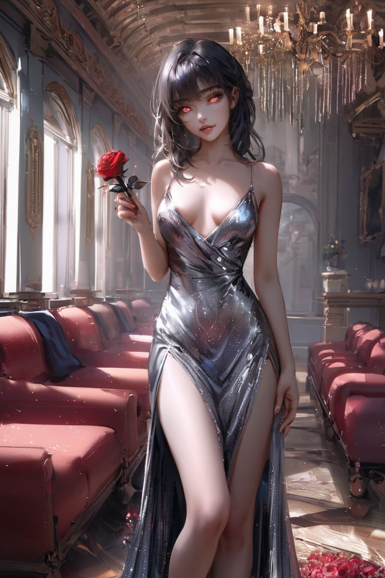 nixeu,1woman,solo,looking at viewer,dark room,indoors,glitter dress,silver dress,glowing eyes,parted lips,illustration,detailed face,extremely detailed,UHD,award wining,nixeu,holding a 
 rose in hand,rose,correct_anatomy