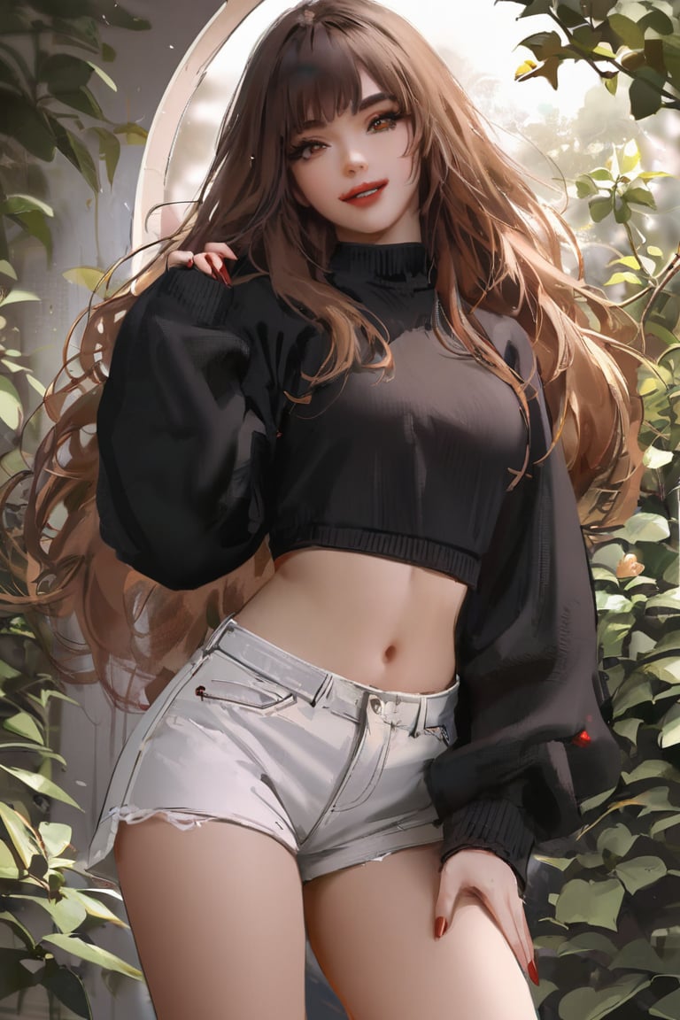 1girl,solo,long hair,looking at viewer,smile,bangs,skirt,brown hair,long sleeves,navel,brown eyes,standing,parted lips,shorts,midriff,nail polish,grin,blurry,sweater,crop top,fingernails,sleeves past wrists,makeup,turtleneck,plant,lipstick,white shorts,realistic,black sweater,cropped sweater,nixeu