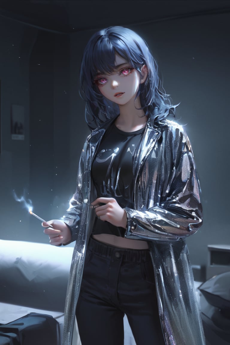 nixeu,1woman,solo,looking at viewer,dark room,indoors,glitter jacket,pants,tshirt,darkness,very dark room,silver jacket,glowing eyes,parted lips,illustration,detailed face,extremely detailed,UHD,award wining,nixeu,holding a 
 cigarette in hand,correct_anatomy