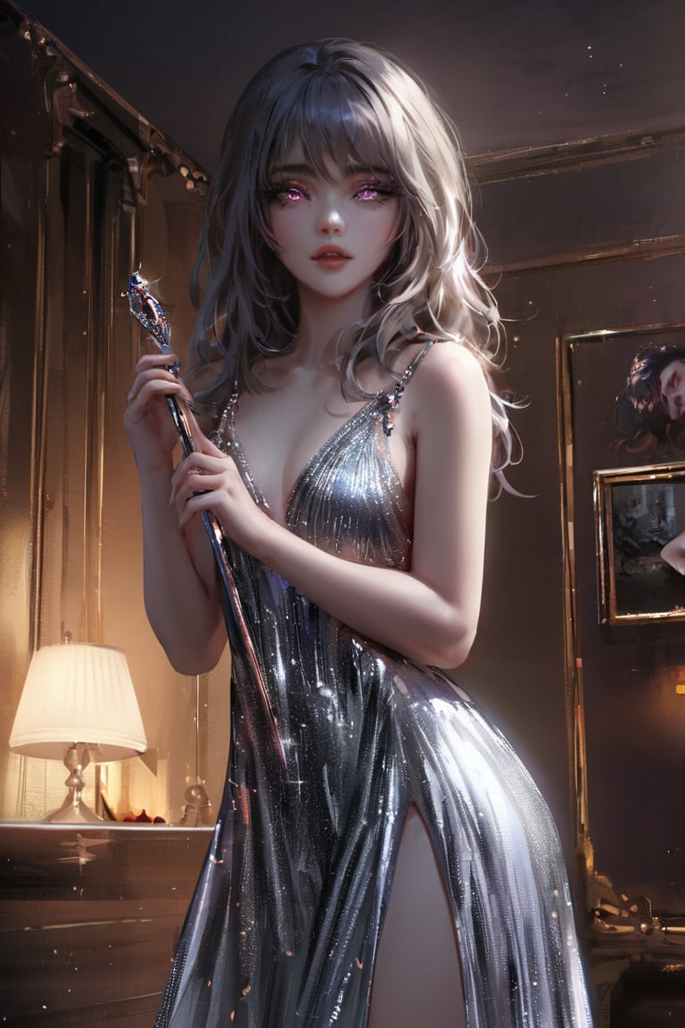 nixeu,1woman,solo,looking at viewer,dark room,indoors,glitter dress,silver dress,glowing eyes,parted lips,illustration,detailed face,extremely detailed,UHD,award wining,nixeu