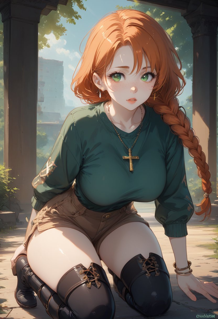 milfpeaches, score_9, score_8_up, score_8, wirish woman, natural red hair, braided twintails, braids, orange hair, green eyes, freckles, white skin, curvy, green sweater, long sleeves, long black boots, brown shirt, brown shorts, cross necklace hanging, (white skin), 1girl, solo, jewelry, bracelet, thighhighs, fellatrix style
