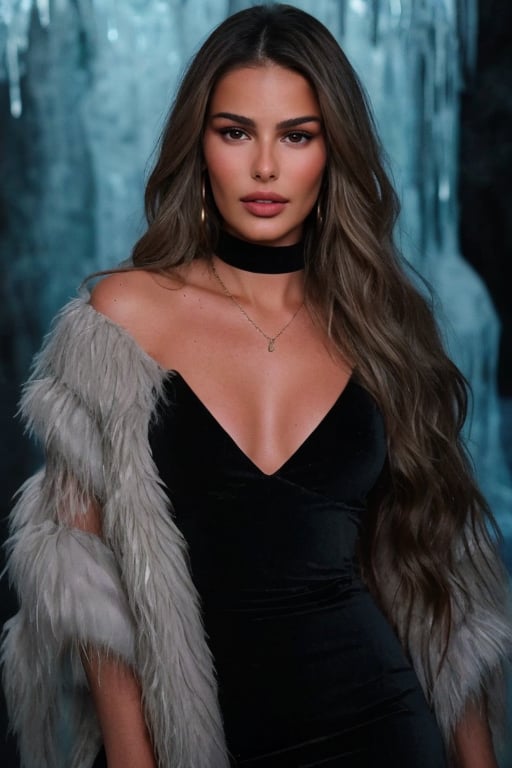 Hyperrealistic photo of Yasmin Brunet, realistic face, realistic eyes,  wearing a long black velvet dress with lace details, a black leather coat with a subtle touch of sparkle, and high-heeled leather boots with fur details. The cold blue lighting of the ice cave enhances Yasmin's beauty, creating a dramatic contrast. Her long, dark hair falls over her shoulders, framing a radiant face with brown eyes that shine with a touch of mystery.  The image conveys a sense of enchantment and mystery, with a touch of elegance and sophistication. The texture of the ice cave is visible, with icicles and stalagmites that create a magical atmosphere. Cinematic style. 