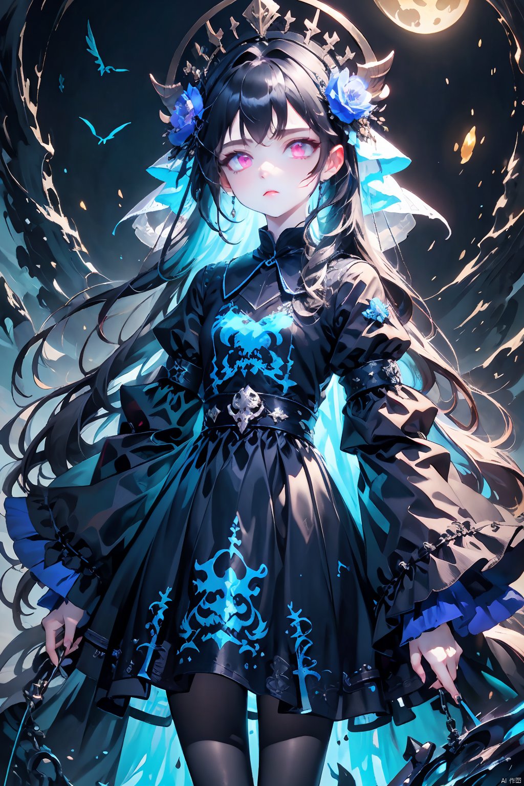 (Official art, Unity 8k wallpaper, super detailed, high quality, best quality), (zentangle, mandala, torn, entanglement: 0.6), (blue-black), flat color, limited color palette, low contrast, (1 girl: 1.5), solo, serafuku, long straight black hair, lycoris flower, (goat skull: 1), (horror), (gloomy), (blue paint: 1.33), (hollow eyes: 1), (expressionless eyes: 1.3), cowboy shot, full body, drakan_longdress_dragoncrown_headdress, black pantyhose
Translation feedback