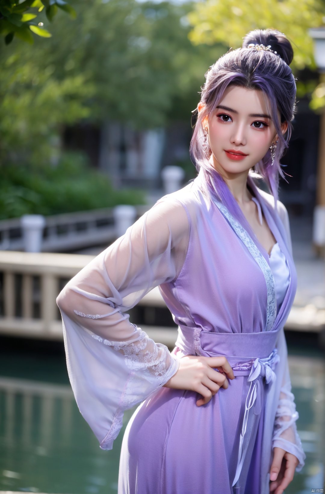  cowboy_shot,(Good structure), DSLR Quality,Depth of field,kind smile,looking_at_viewer,Dynamic pose, 
yunxiao, 1girl, purple hair, long hair, hair ornament, , solo, dress, earrings, jewelry, hair bun, Yunxiao_Fairy, hanfu, Water_butterfly