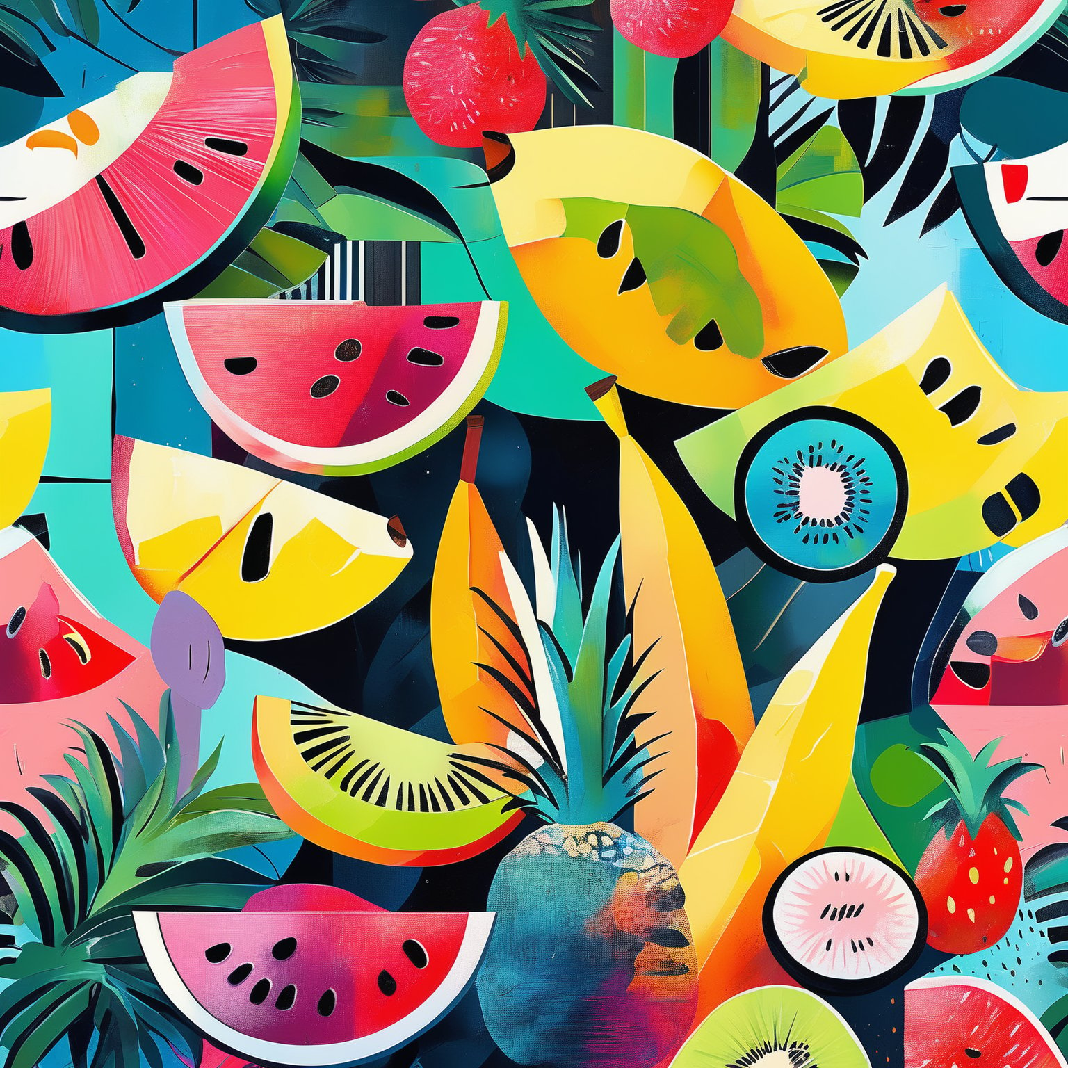 A vibrant and colorful collage of various tropical fruits and elements. Dominating the scene are slices of watermelon, pineapple, and kiwi. There are also abstract representations of bananas, grapes, and leaves. The fruits are depicted in a modern, abstract style with bold brush strokes and a mix of bright and muted colors. The background is a blend of pastel shades, providing a contrast to the bold colors of the fruits.