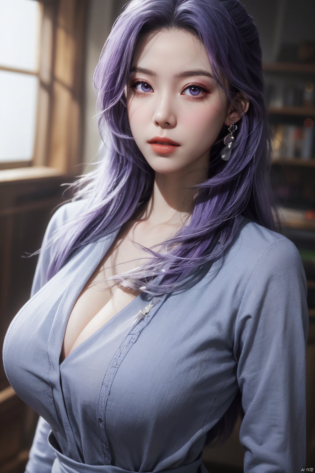 best quality,masterpiece,Yunxiao_Fairy,1girl,solo,long hair,looking at viewer,jewelry,closed mouth,purple eyes,upper body,purple hair,earrings,blurry,blurry background,sunlight,red lips,(big breasts:1.59)