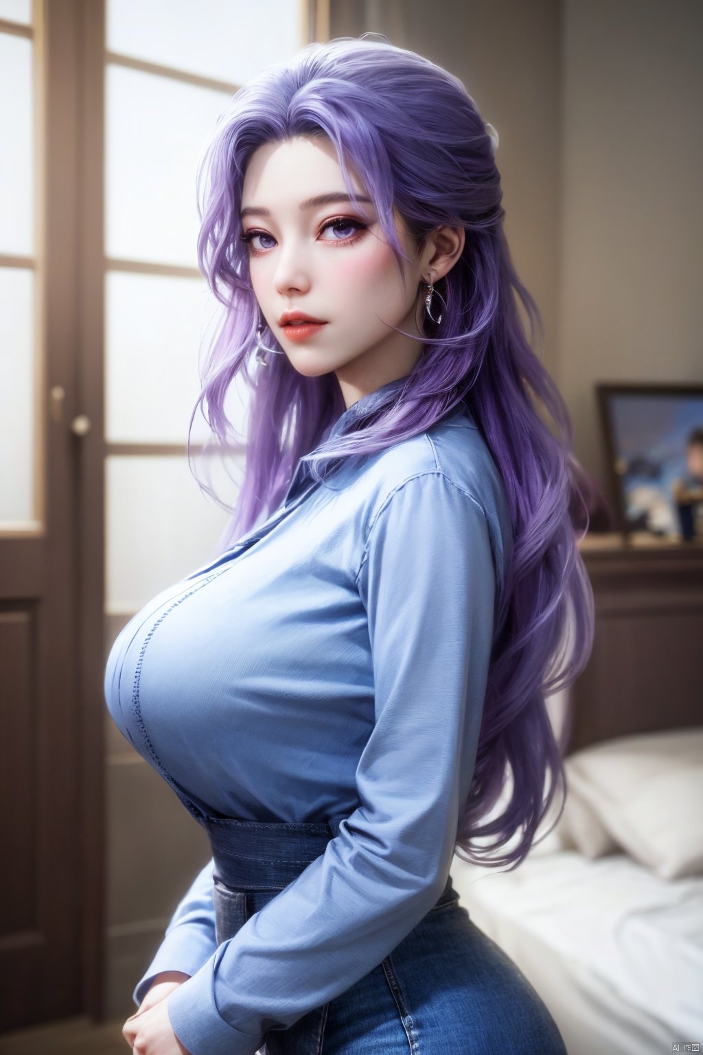 best quality,masterpiece,Yunxiao_Fairy,1girl,solo,long hair,looking at viewer,jewelry,closed mouth,purple eyes,upper body,purple hair,earrings,blurry,blurry background,sunlight,red lips,(big breasts:1.59)