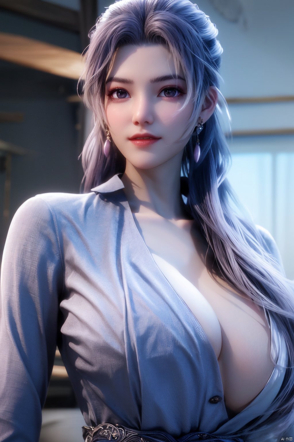 best quality,masterpiece,Yunxiao_Fairy,1girl,solo,long hair,looking at viewer,jewelry,closed mouth,purple eyes,upper body,purple hair,earrings,blurry,blurry background,sunlight,red lips,(big breasts:1.59)