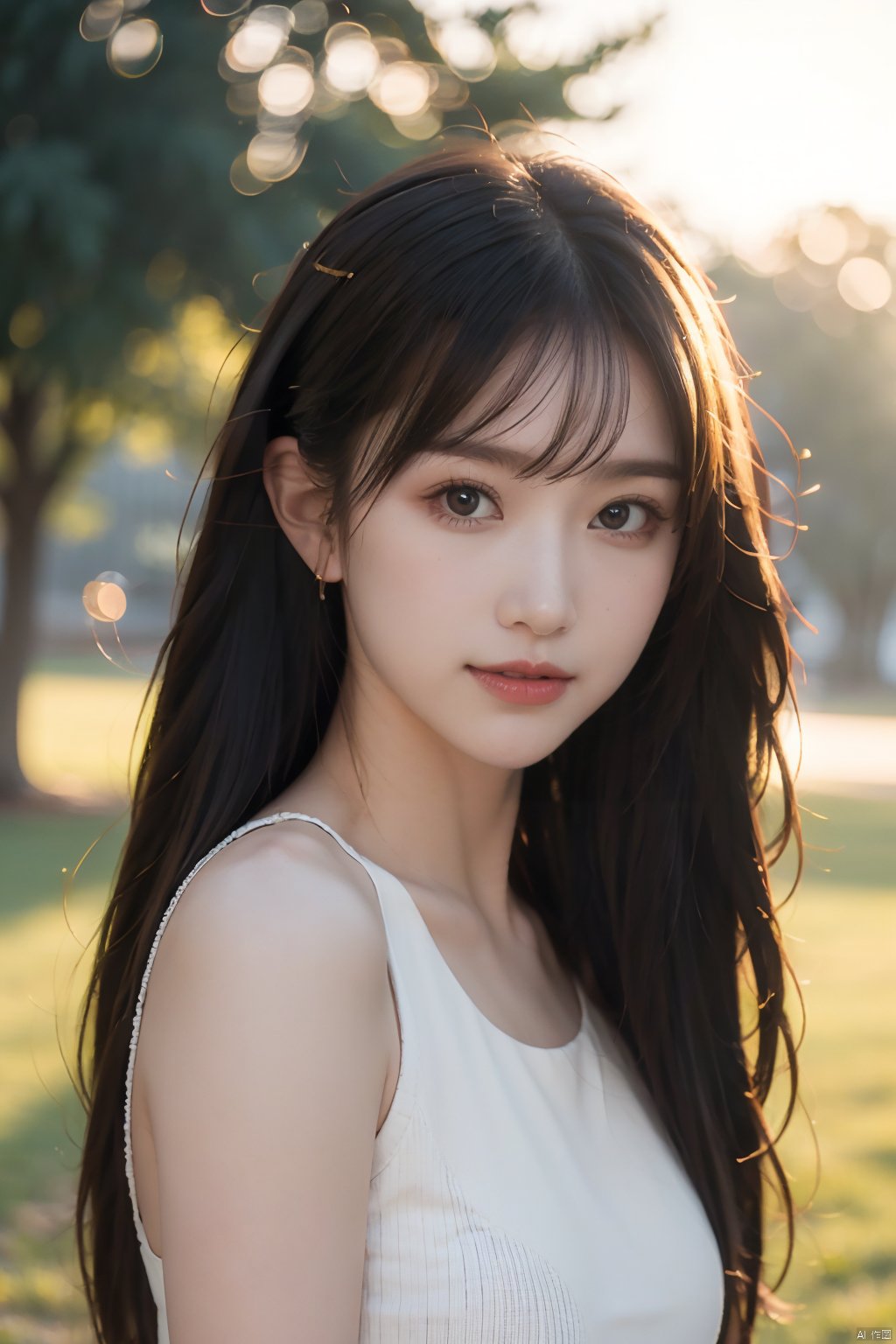 Best quality,masterpiece,ultra high res,photorealistic,raw photo,unity 8k wallpaper,panorama,cinematic lighting,on grass,dappled sunlight,golden hour lighting,blurry background,(lens flare),wind,pastel colors,soft light,1girl,(upper body:1.2),black hair,straight_hair,(long hair:1.1),,front view,standing,huge filesize,(cowboy_shot:1.1),(smile:0.9),(face the front:1.1),