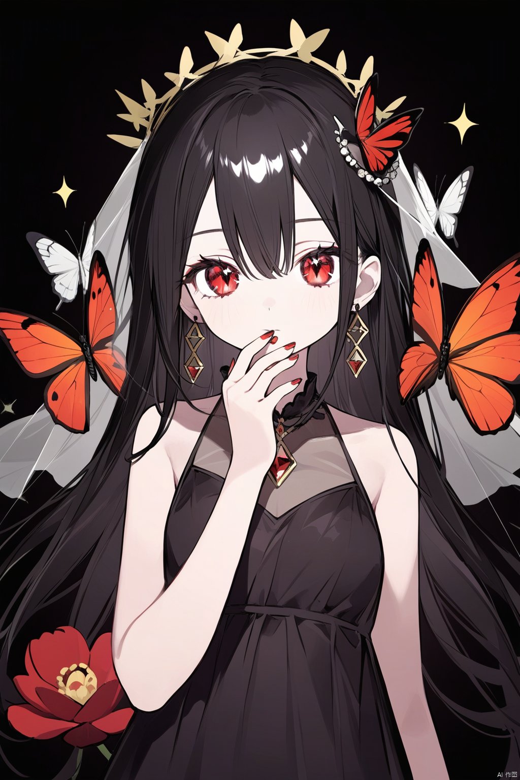 1girl, solo, jewelry, crown, earrings, long_hair, veil, bug, butterfly, black_dress, sleeveless, red_eyes, dress, looking_at_viewer, upper_body, black_hair, sleeveless_dress, bangs, hair_between_eyes, black_background, covered_mouth, see-through, red_nails, nail_polish, gem, floral_background, floral_print, red_gemstone, bare_arms, bare_shoulders, sparkle