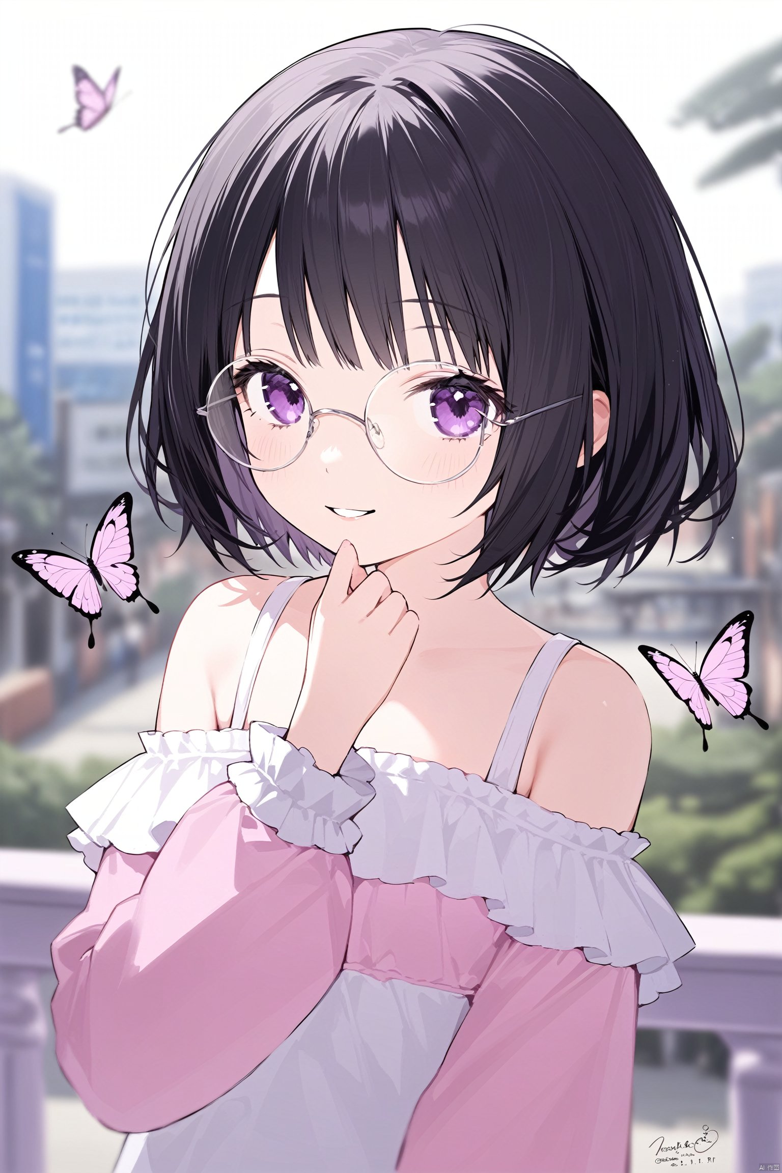 ,best quality, amazing quality, very aesthetic,petite,1girl, shirt, glasses, solo, pink_shirt, short_hair, purple_eyes, bug, round_eyewear, smile, long_sleeves, black_hair, off_shoulder, bangs, butterfly, parted_lips, dated, frills, upper_body, blurry, outdoors, frilled_shirt, railing, bare_shoulders, off-shoulder_shirt, blurry_background, looking_at_viewer, puffy_long_sleeves