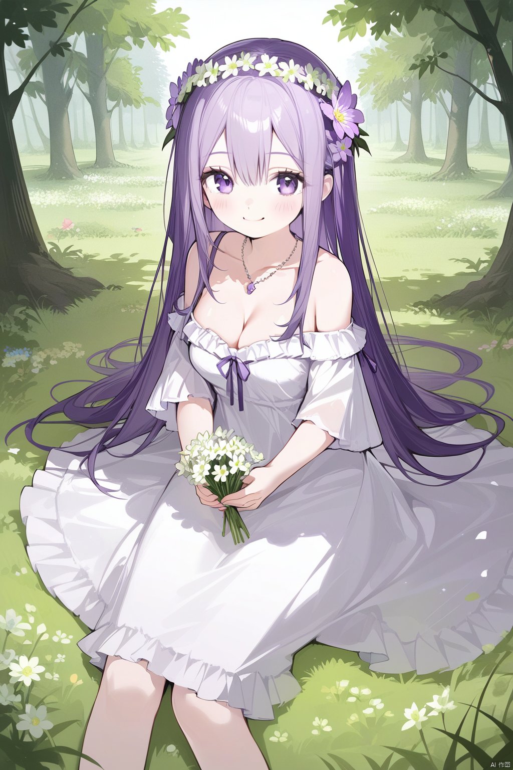 best quality, amazing quality, very aesthetic, absurdres,1girl, breasts, cleavage, flower, dress, solo, head_wreath, smile, long_hair, sitting, holding, white_dress, looking_at_viewer, jewelry, outdoors, holding_flower, petals, blush, hair_ornament, purple_hair, necklace, collarbone, bare_shoulders, hair_flower, nature, large_breasts, tree, flower_wreath, purple_eyes, blue_eyes, forest, off_shoulder, light_purple_hair, medium_breasts, day, frills, bangs, grass