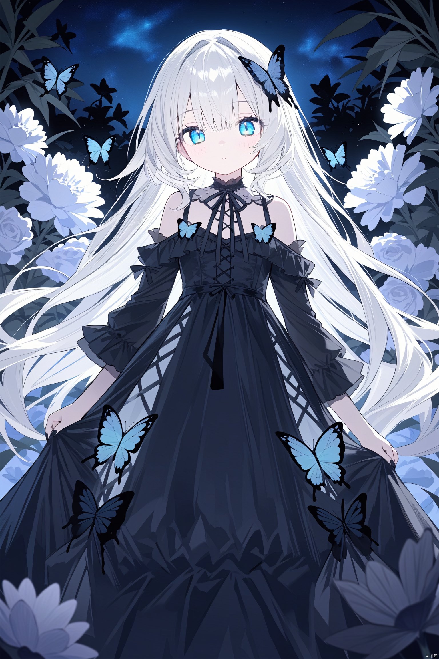 (masterpiece),(best quality),night,glowing eyes,gothic,long dress, 1 girl, solo, long white hair, blue eyes, detailed eyes, blink and youll miss it detail,butterfly, flower garden, high quality, floral background, very detailed,off shoulder