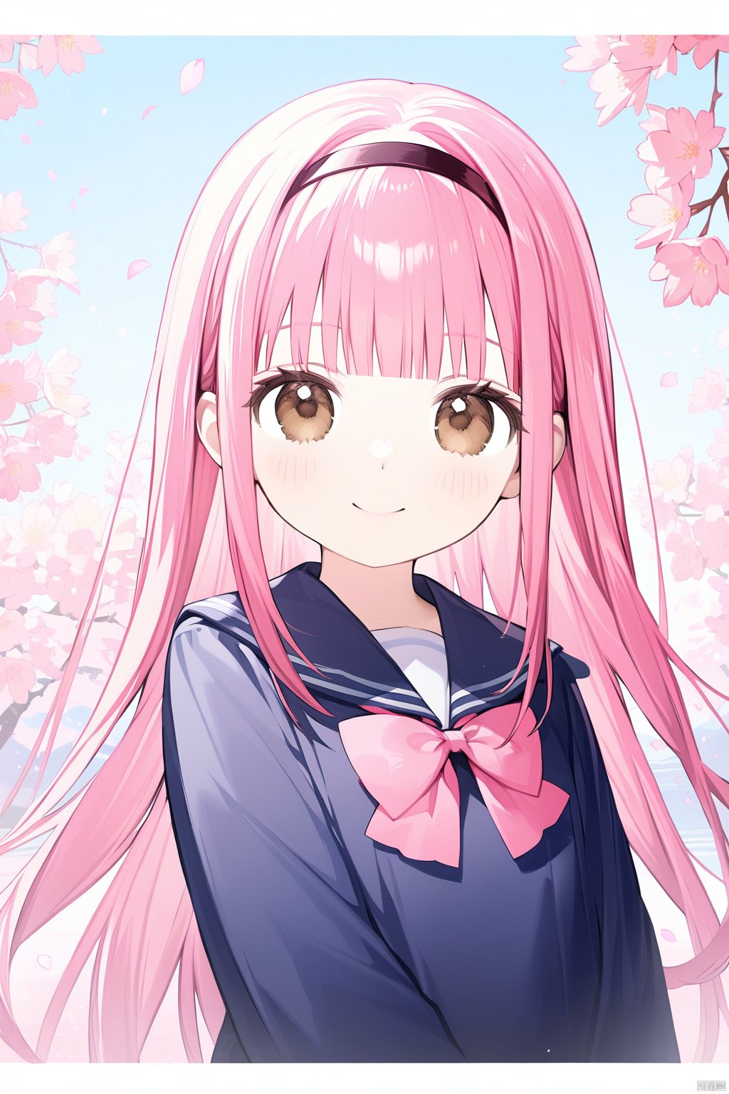 long hair, 1girl, long hair, letterboxed, smile, pink hair, bow, looking at viewer, solo, hairband, hair bow, brown eyes, school uniform, cherry blossoms, outdoors, bangs, blush, blunt bangs, petals, upper body, long sleeves