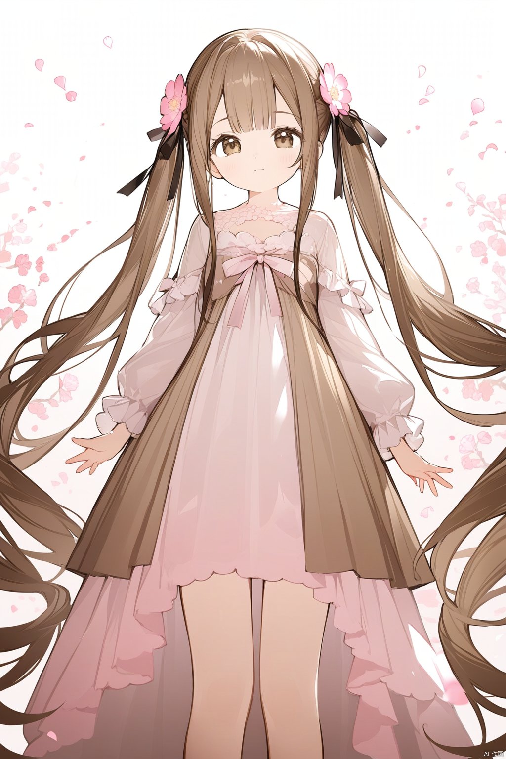 1girl, solo, twintails, long_hair, flower, brown_hair, dress, ribbon, hair_flower, very_long_hair, petals, hair_ribbon, hair_ornament