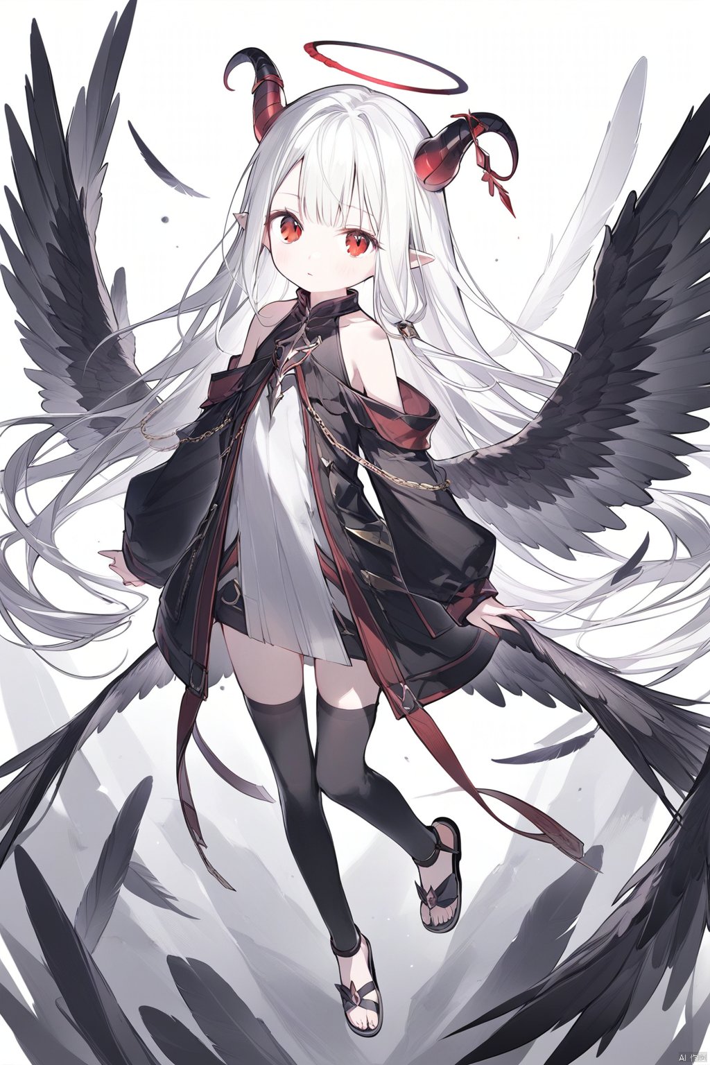 1girl, angel, angel_wings, bare_shoulders, bird_wings, black_wings, feathered_wings, horns, long_hair, looking_at_viewer, low_wings, mini_wings, multiple_wings, pointy_ears, red_eyes, sandals, single_wing, solo, thighhighs, white_hair, white_wings, wings