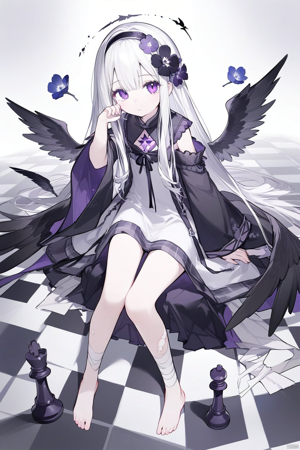 1girl, solo, wings, feathered_wings, long_hair, dress, barefoot, white_hair, looking_at_viewer, black_wings, sitting, chess_piece, bangs, white_dress, very_long_hair, long_sleeves, purple_eyes, bandages, torn_clothes, blue_flower, full_body, black_flower, hair_ornament, flower, hand_up, checkered_floor, hair_flower, wide_sleeves, white_wings, closed_mouth, hairband,petite