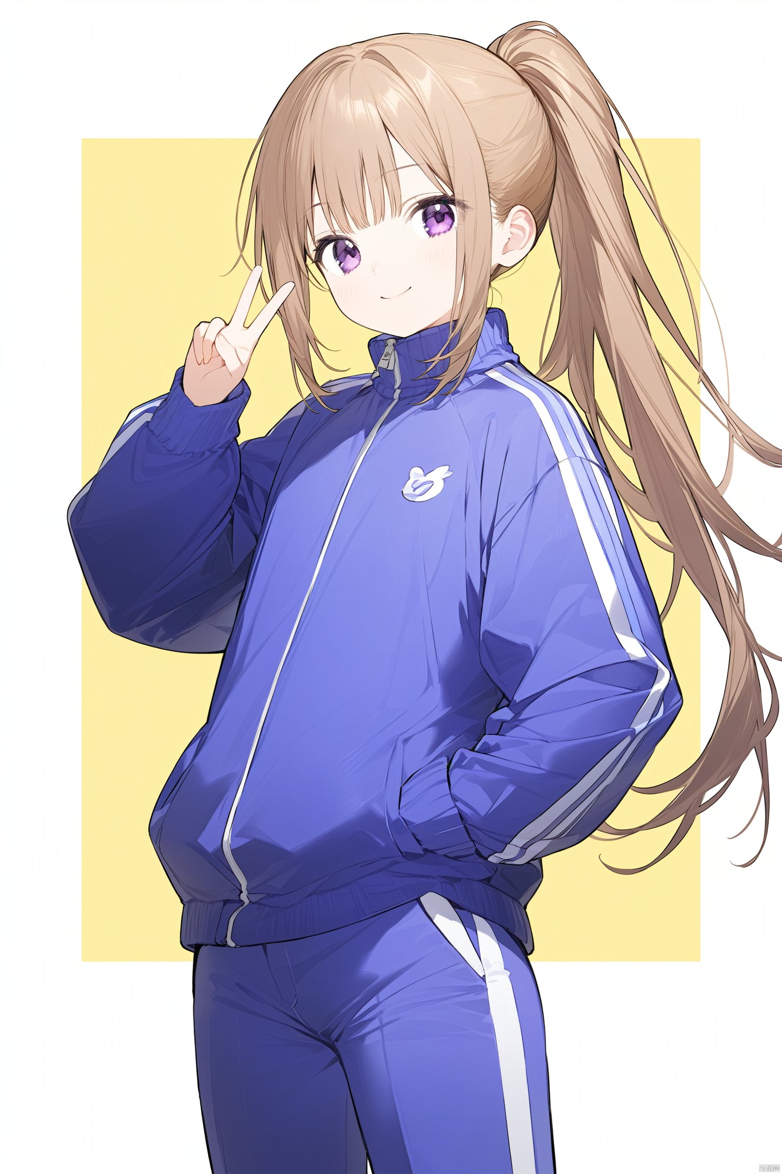 (masterpiece),(best quality),1girl, solo, hand_in_pocket, ponytail, purple_eyes, brown_hair, looking_at_viewer, nakagawa_natsuki, smile, blue_pants, pants, closed_mouth, long_sleeves, yellow_background, v, jacket, long_hair, hand_up, standing, blue_jacket, simple_background, track_jacket, bangs, track_pants, track_suit, two-tone_background