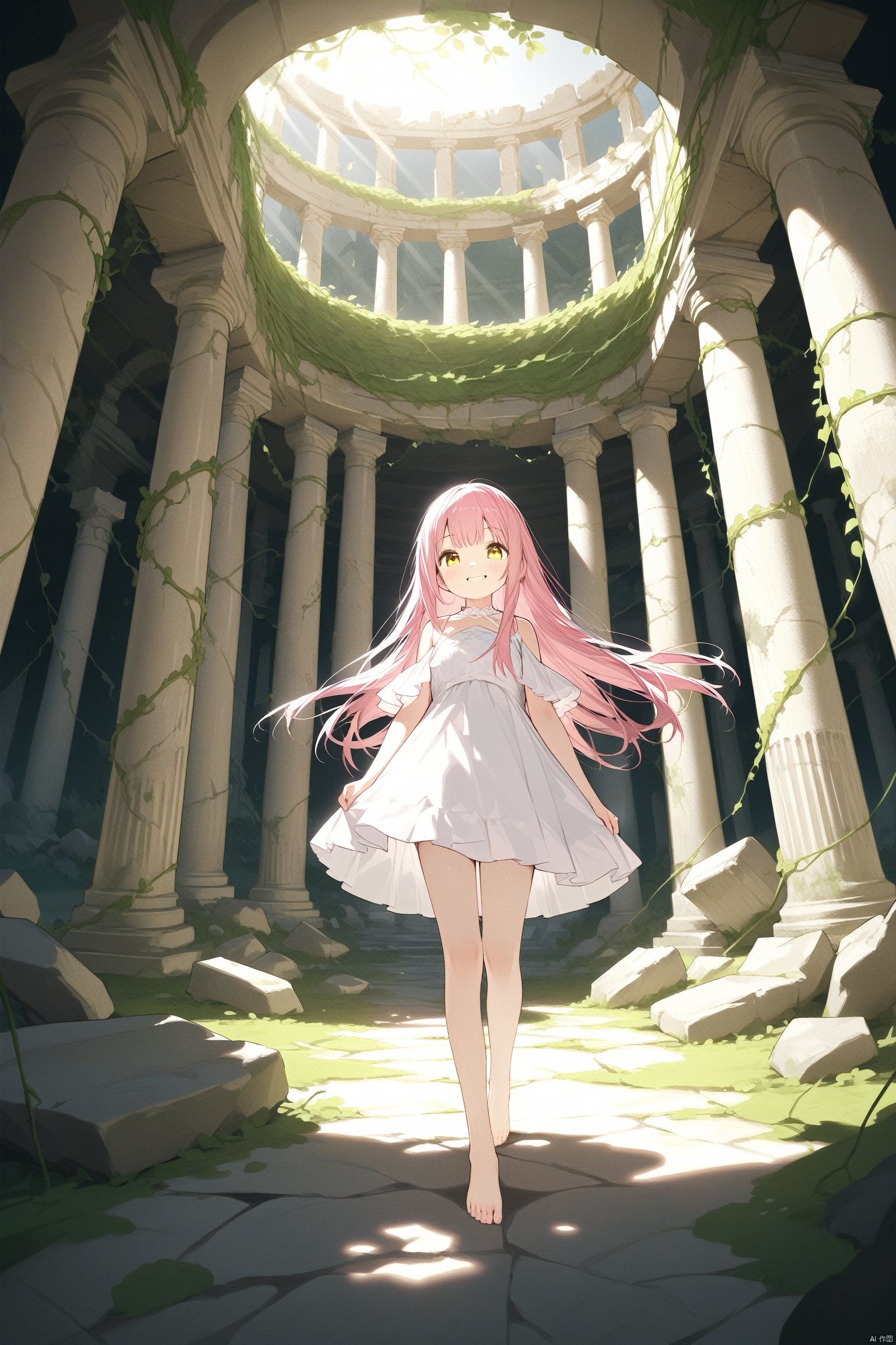 (masterpiece),(best quality),1girl, loli, solo, pink hair, long hair, yellow eyes, ancient ruins, columns, stone structures, vines, overgrown, exploring, white dress, bare feet, smile, looking around, sunlight streaming through cracks, best quality, highly detailed, cinematic lighting, sense of wonder, masterpiece