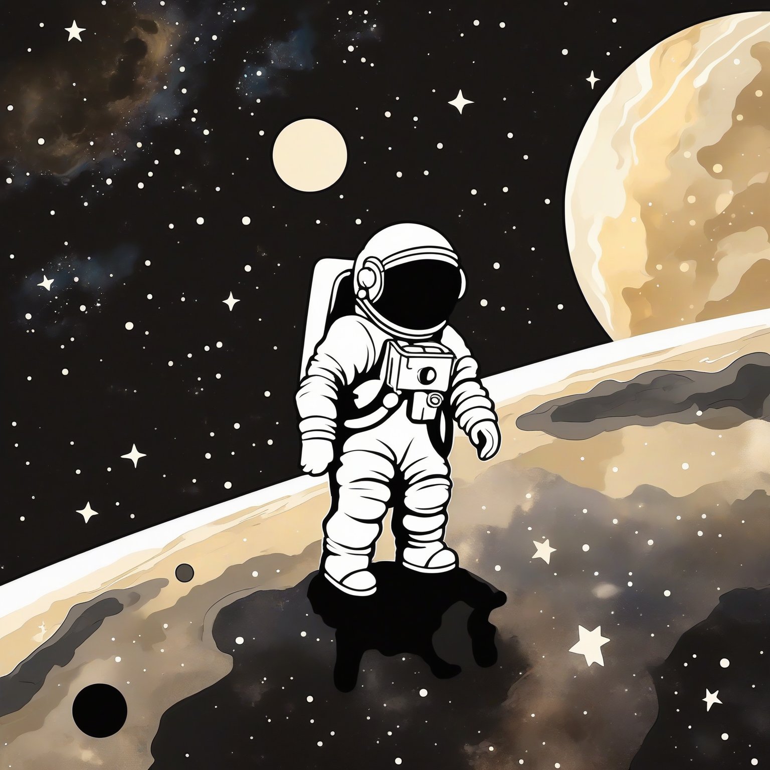 An astronaut standing on what appears to be a celestial body, possibly the moon. The astronaut is wearing a white spacesuit with a black helmet, and they are equipped with a backpack. In the background, there's a vast expanse of space filled with stars, a large planet with visible rings, and a smaller celestial body that looks like a moon or another planet. The overall color palette is dominated by black, white, and shades of beige, giving the image a serene and mysterious ambiance.